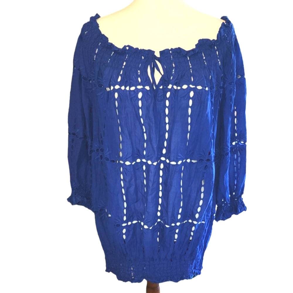Catherine's Women's Blouse Indigo Blue Eyelet Cotton Fabric  Plus size 2X 3X